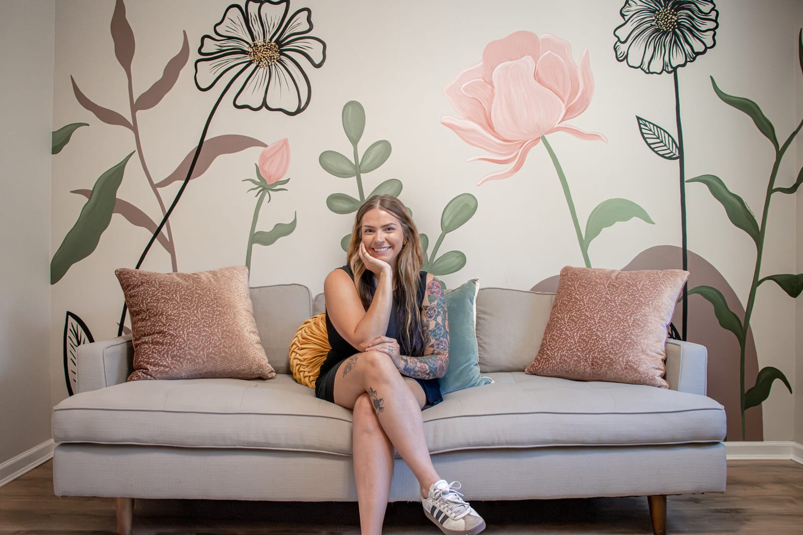 Soft floral home-office mural by Katie Paige Art Co