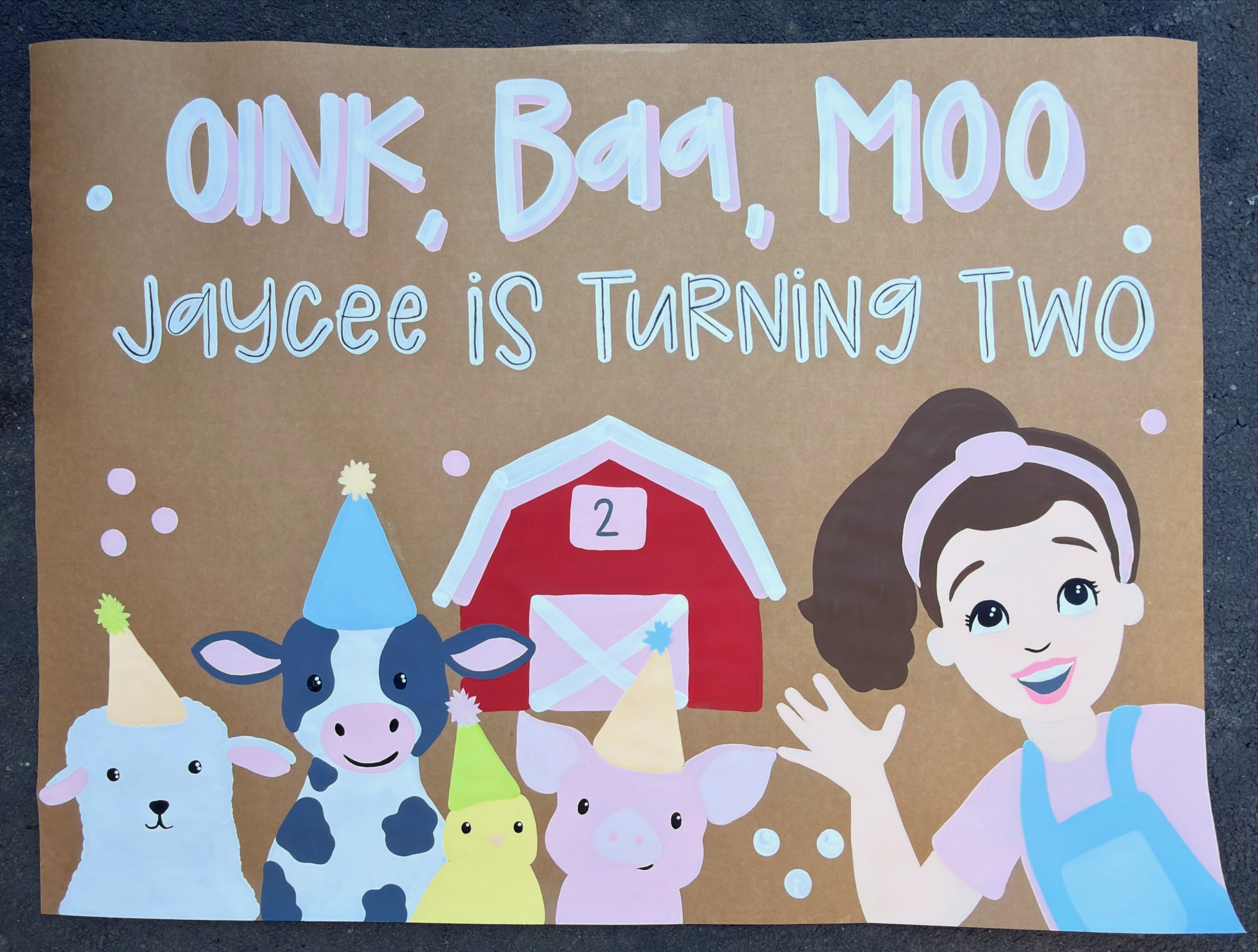 Jaycee’s Oink, Baa, Moo second-birthday banner by Katie Paige Art Co